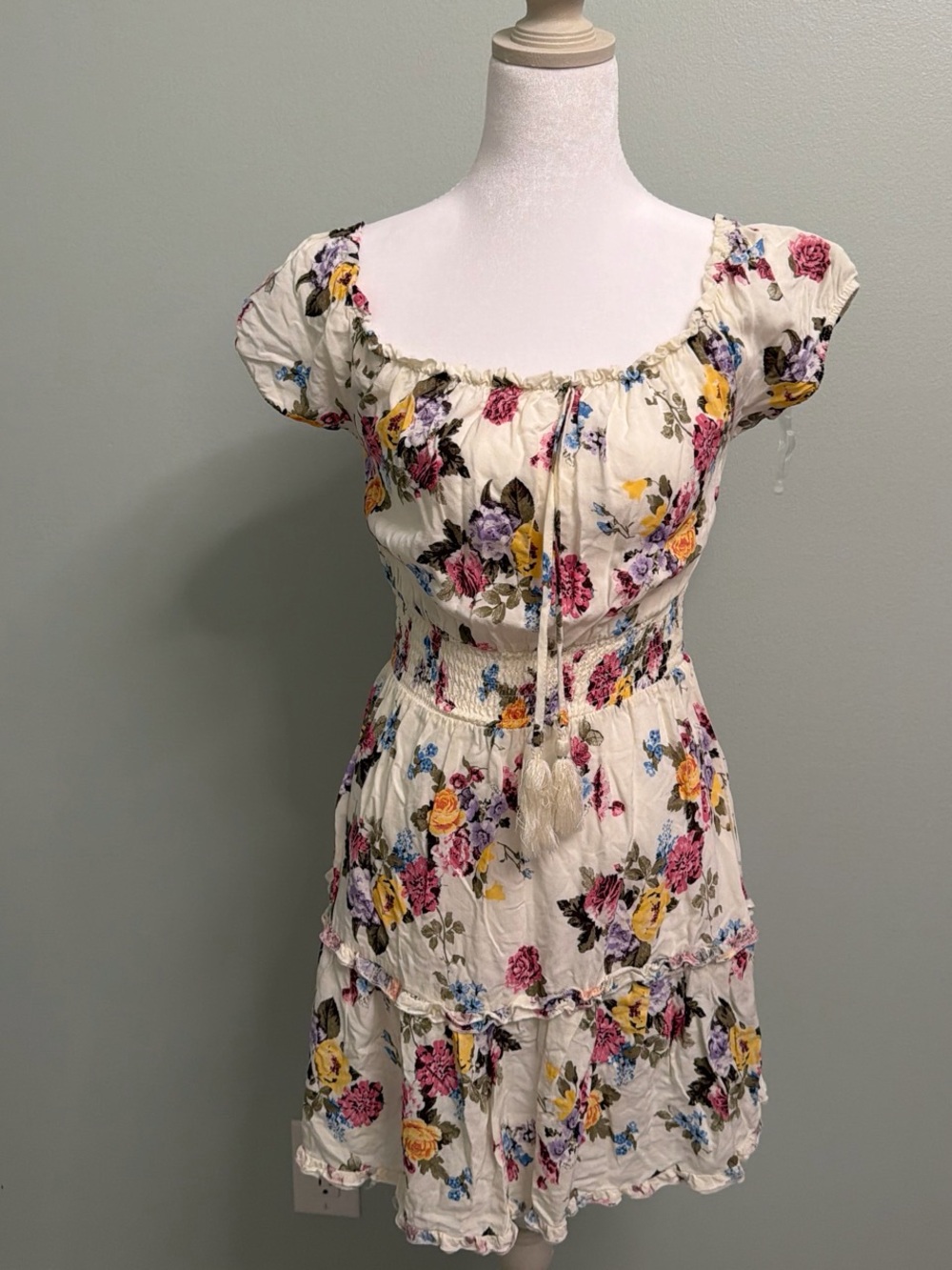 Floral Smocked Cream Mini Dress with Tassel Tie